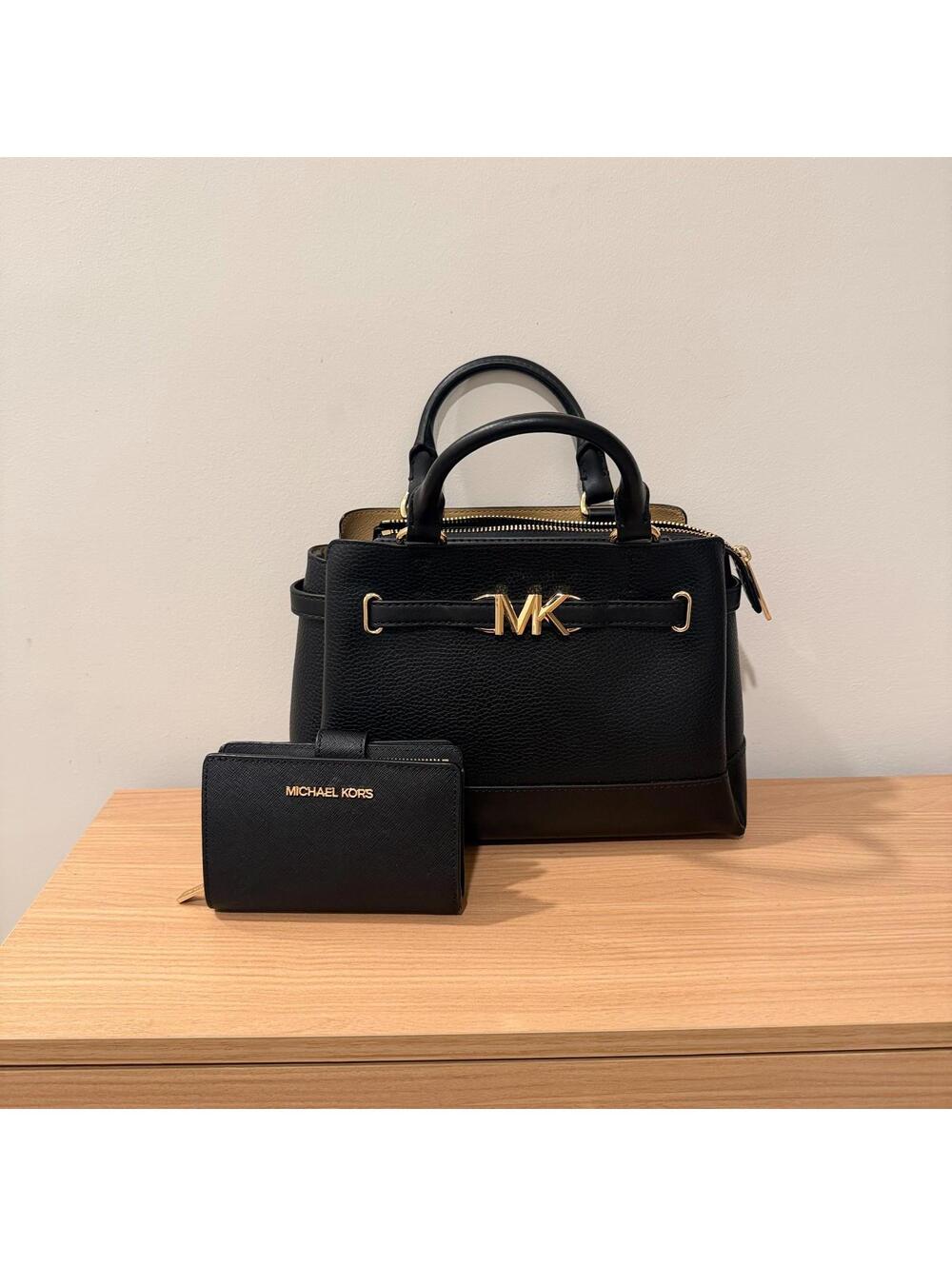 Michael Kors Reed Small Center Zip Belted Satchel Black Leather & Wallet Set